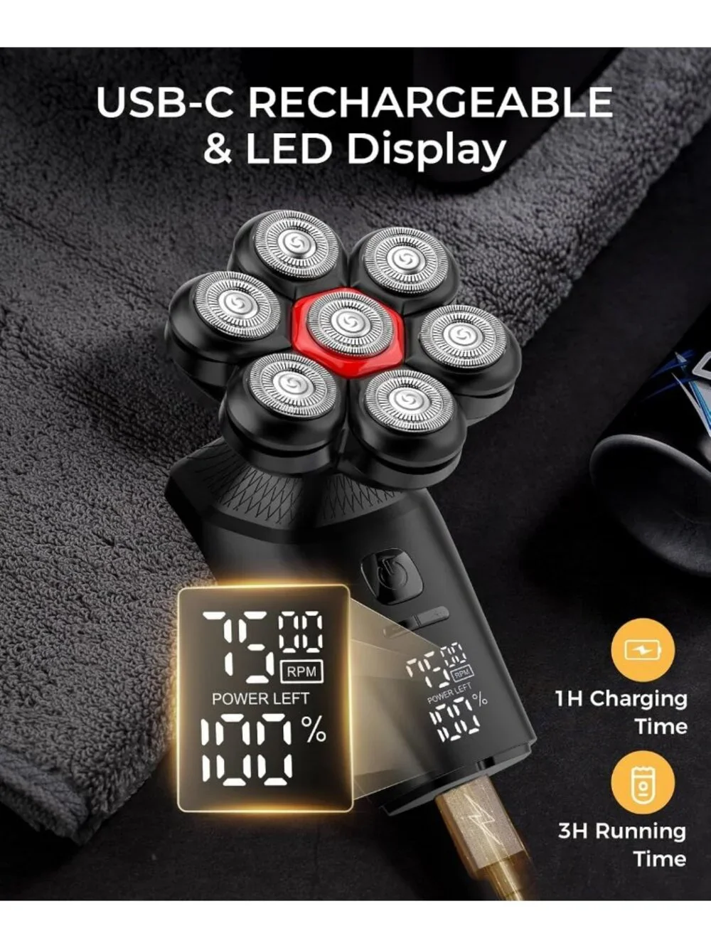 7D Head Shaver for Bald Men - LED Display, 3 Modes, High-Speed 10000 RPM